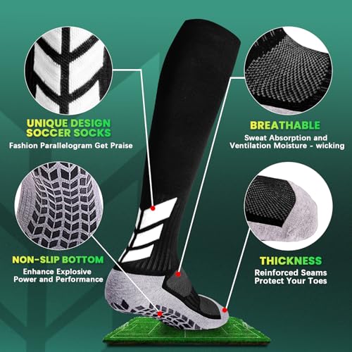MENDENG Knee High Non-Slip Soccer Socks for Men & Women - 6-12 / 1 Pair, Black Sports Grip Socks