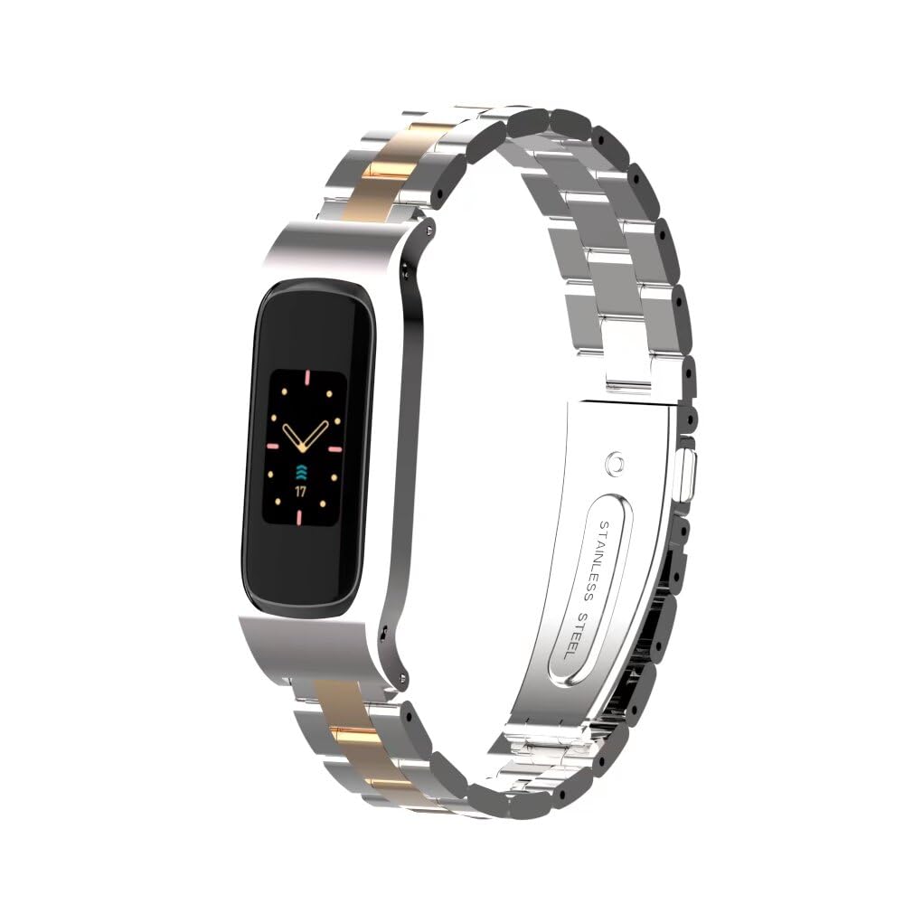 T-BLUER Compatible with Fitbit Luxe bands,Stainless Steel Metal Replacement Strap Wrist Band Compatible for Luxe Fitness Tracker,Silver Gold