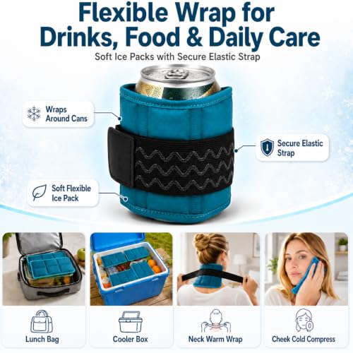 Reusable Ice Packs with Elastic Straps for Lunch Boxes & Coolers - 4 Pack