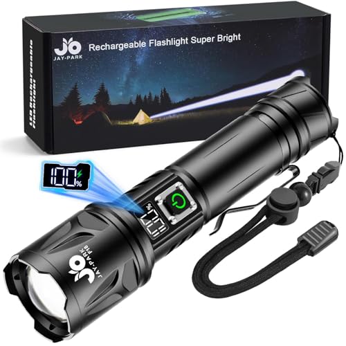 JAY-PARK 100000 Lumen Rechargeable LED Flashlight Black, 5000mAh Battery, Waterproof