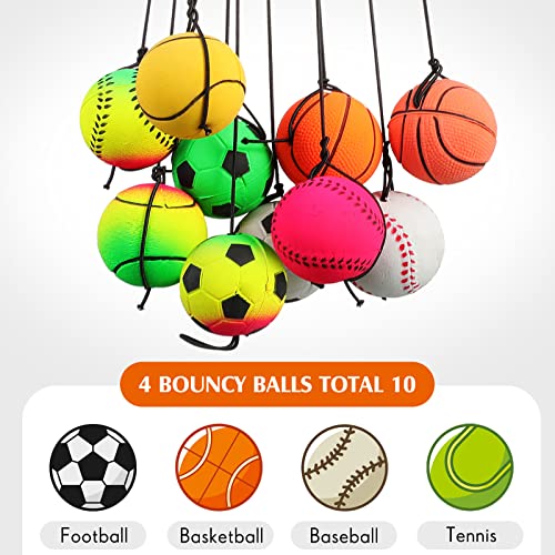 Wrist Bouncy Ball Set - 10 Rubber Balls with Adjustable Strap