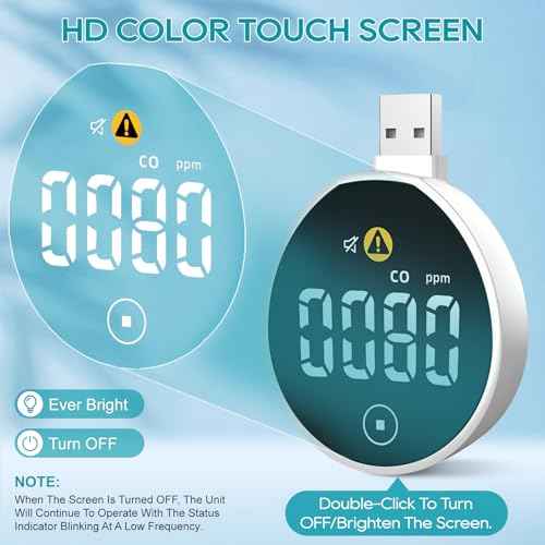 USB Carbon Monoxide Detector with Touch Screen, Plug-in/USB-A/USB-C Powered Carbon Monoxide Monitor Alarm, Portable CO Detector Easy to Read & Use, for Home/Hotel/Travel/Office/RV (2-Pack)