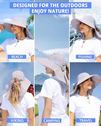 Women's Light Gray Wide Brim UV Sun Hat with Ponytail Hole & Neck Flap - One Size Outdoor Hat