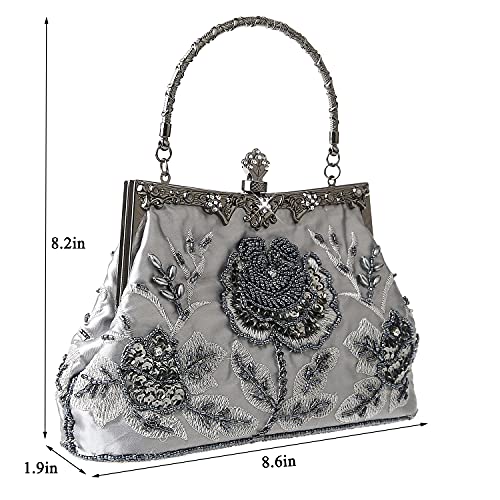 DA BODAN Grey Vintage Floral Beaded Rhinestone Clutch Bag for Bridal & Evening