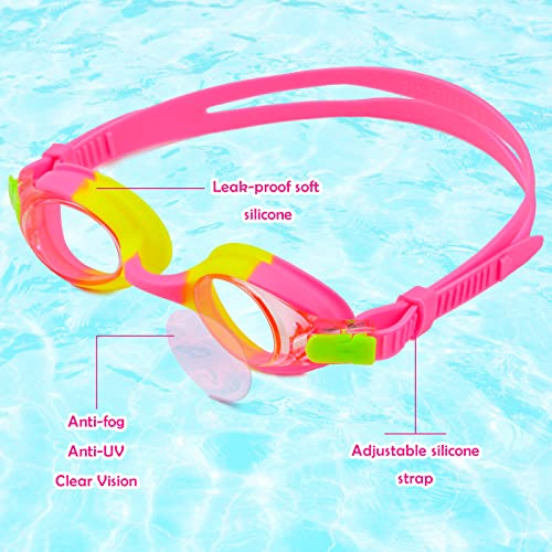 Pink Kids Swim Cap for Girls (Ages 2-6) with Goggles, Ear Plugs & Nose Clip
