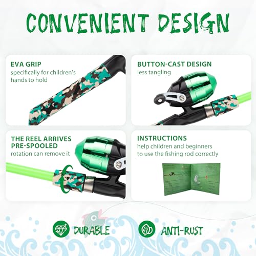 Kids Fishing Pole Set with Reel - Blue & Green Beginner Kit for Boys & Girls 3-12