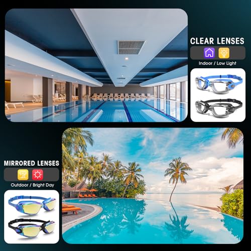 Braylin 2-Pack Swim Goggles Anti-Fog Leak-Resistant for Adults Women Men (Black/Blue Lenses)