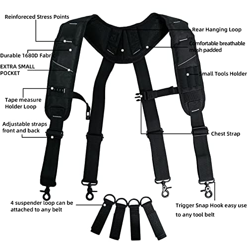 KUNN Tool Belt Suspenders Padded Carpenter Construction Electrician Work Suspender with Attachment Loops for Men,Black