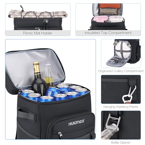 Hulongo Black 30L Waterproof Insulated Cooler Backpack for 48 Cans
