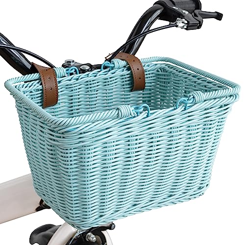 Kids Bike Basket - Light Blue Wicker Basket with Adjustable Straps