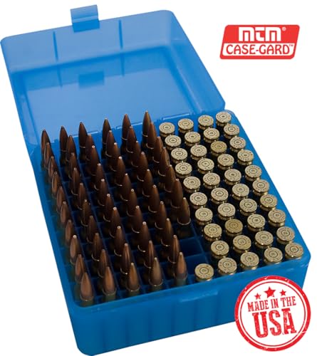 Ammo Box for 100 Rounds - MTM Case-Gard, Clear Blue, 3.05-Inch