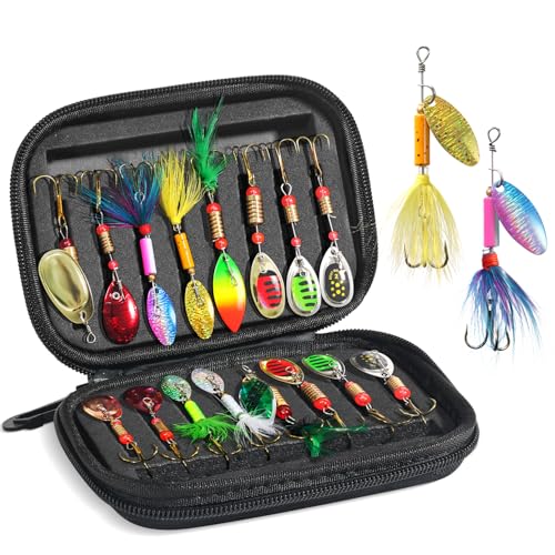 Maufriu 16Pcs Inline Spinner Lures Kit for Trout Bass with Treble Hooks