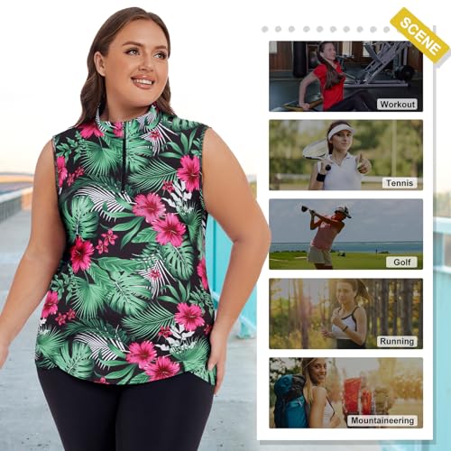 Koscacy Women's Plus Size Tropical Print Sleeveless Golf Polo Zip Up Workout Tank Top 3X-Large