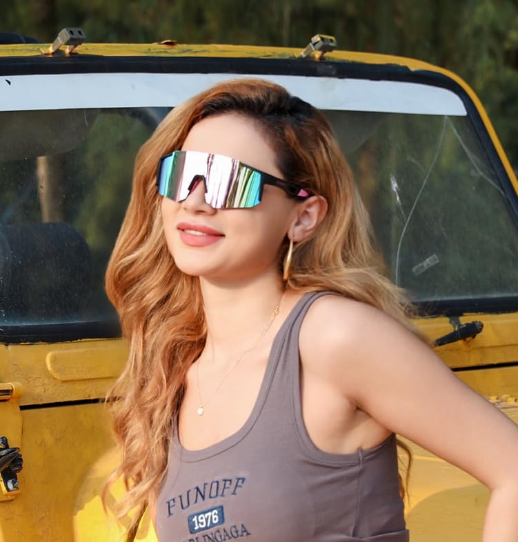 Sports Sunglasses with UV400 Protection - Black Pink - 75mm