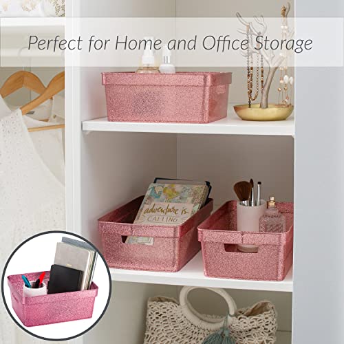 Small Glitter Tote Bins - 3 Pack Storage Baskets - Pink