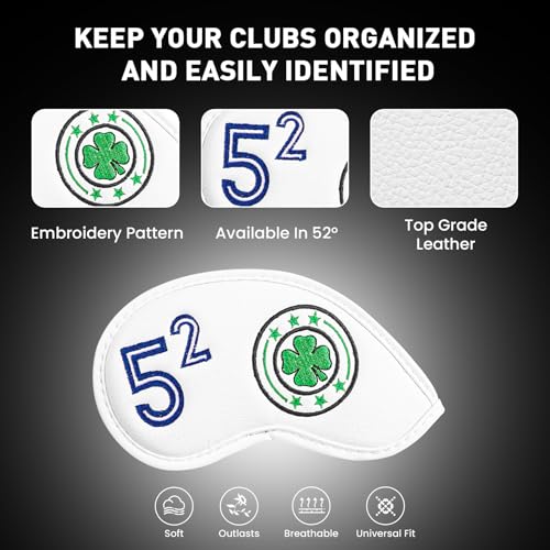 Leather Golf Iron Wedge Head Cover 52° - White & Clover Design