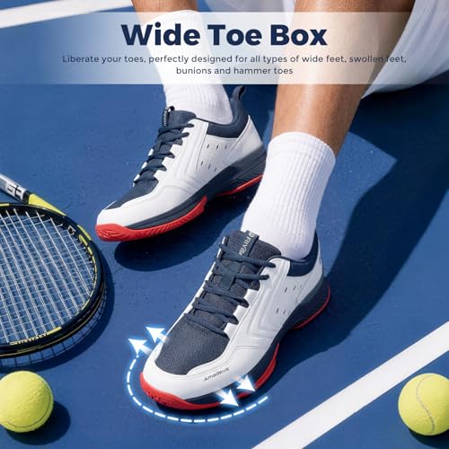 Men's Wide Pickleball Shoes - Non-Slip Sneakers 10.5 Wide / White & Navy Blue