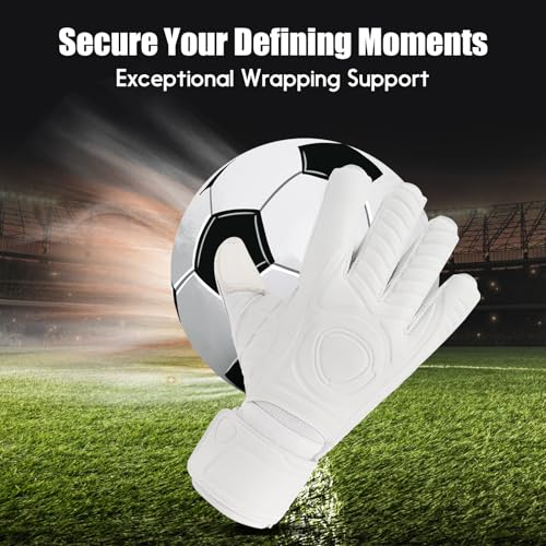 Aegicormy White Soccer Goalkeeper Gloves with Finger Protection - Size 8, Breathable & Strong Grip for Kids, Youth & Adults