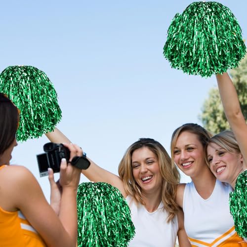 Green Cheerleading Pom Poms XL Hand Flowers 2-Pack - Sparkling Metallic Foil for Sports & Events