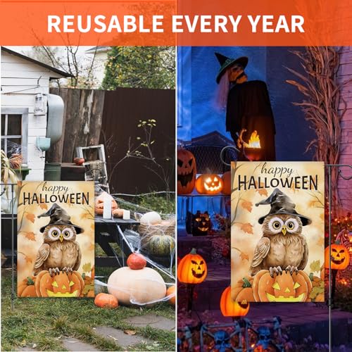Happy Halloween Garden Flag 12x18 Inch Double-Sided Burlap Pumpkin Owl Yard Sign