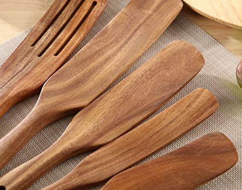 QWKIT 5Pcs Natural Teak Wood Spurtle Set - Nonstick Kitchen Utensils for Cooking