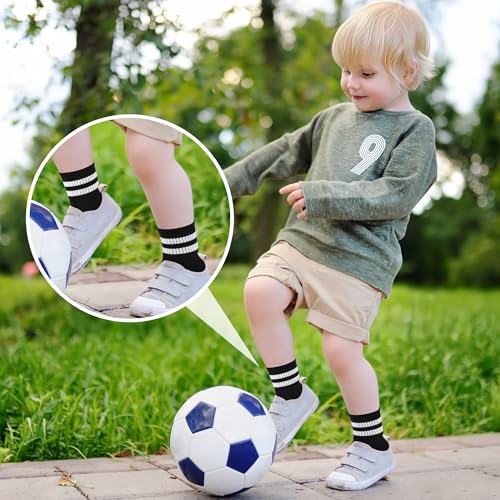 Kids Athletic Crew Socks - 6 Pairs Unisex Soft Cotton Black Stripe (6-8 Years)