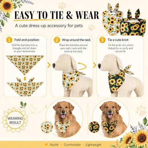 Sunflower Dog Bandanas 2-Pack Adjustable Cotton Scarves for Small to Large Dogs & Cats