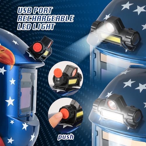 WR01A Welding Helmet Auto Darkening with LED Light True Color Solar Powered Welder Hood with Adjustable Shade Range 4/9-13 for Mig Tig Arc Welding Mask (Blue Eagle II)