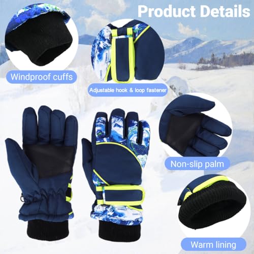 Kids Windproof Winter Ski Gloves - Dark Blue, Ages 4-7