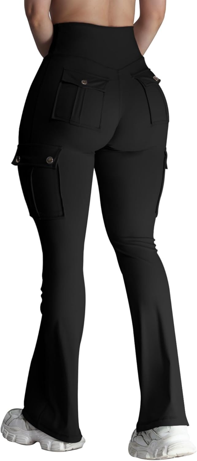 Wavar Women’s Flare Leggings - High Waisted Butt Lifting Cargo Pants with Pockets | Tummy Control
