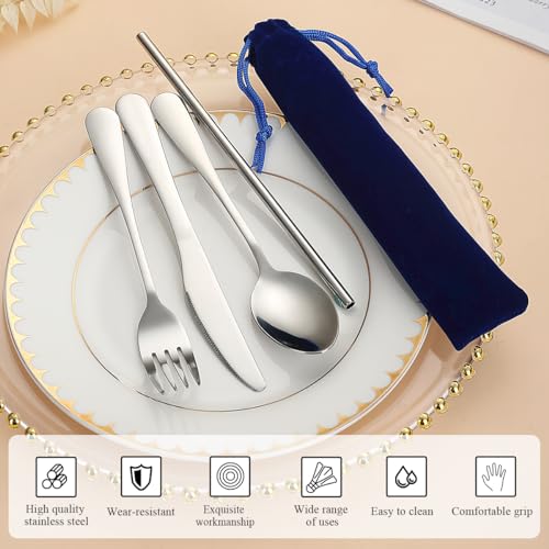 Portable Stainless Steel Flatware Set - Reusable Camping Cutlery - Blue Bag