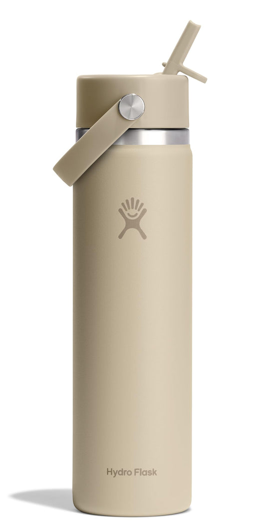 Hydro Flask Water Bottle - Insulated Stainless Steel - Wide Mouth Flex Straw Lid, Non Spill, Leakproof and Refillable in 24 Oz Tonal Oat