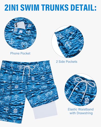 9 Inch Men's Swim Trunks with Compression Liner - Water Ripples