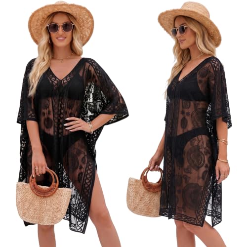 Lace Beach Cover Up for Women - V-Neck Swimsuit - Black
