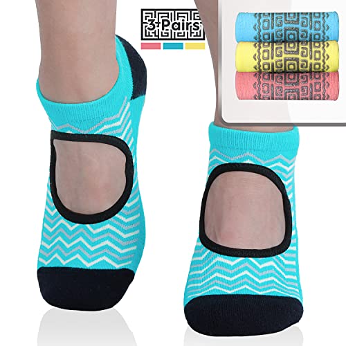 Non Slip Grip Yoga Socks for Women with Cushion - One Size, 3 Pairs Waves Lake Blue/Yellow/Pink