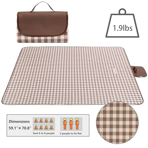 Wind Tour Waterproof Picnic Blanket 59x71 inches, Foldable Sandproof Outdoor Mat with Carry Strap, Coffee Grid Pattern