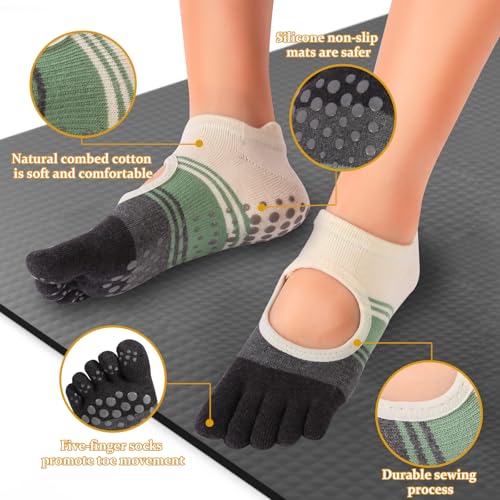 Non-Slip Pilates Socks with Toe Separators - 3pcs Pink Green Blue