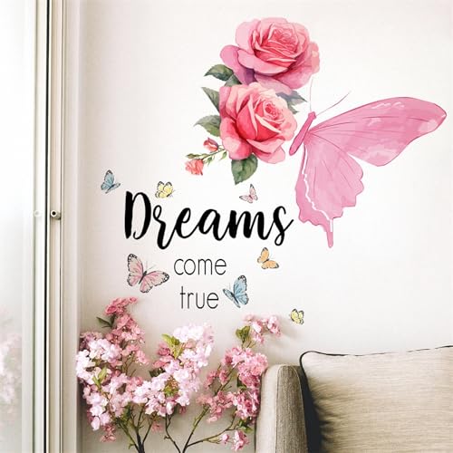 Pink Rose Butterfly Inspirational Quotes Wall Stickers, sacinora DIY Dreams Come True Wall Decals Removable Vinyl Peel and Stick for Living Room Bedroom Kids Baby Nursery Art Decorations