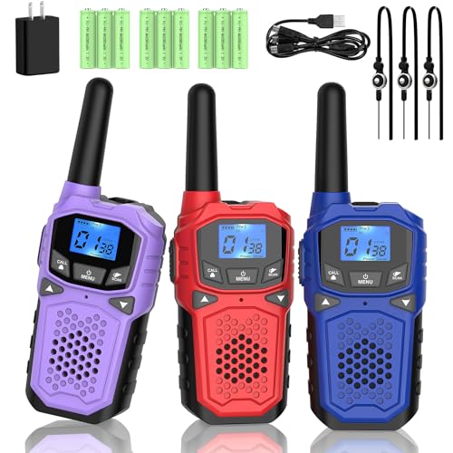 WokTok Long Range 3-Pack Two-Way Radio Walkie Talkies for Camping Hiking, SOS, NOAA Weather Alert, Rechargeable Batteries, Red-Blue-Purple