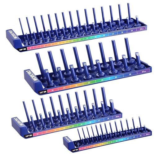 WORKPRO Socket Organizer Set, 4PC Impact Socket Holder, 1/4", 3/8", 1/2" Drive Metric Socket Trays, Impact Socket Organizer for Tool Box Drawer, Socket Storage Holds 94 Pieces (Socket not Included)