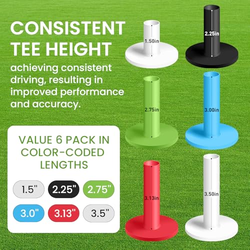Golf Rubber Tees Set - 6 Pack Mixed Sizes for Indoor & Outdoor Practice