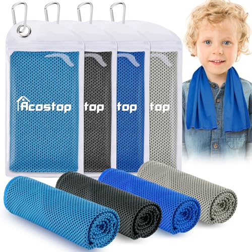 Kids Cooling Towels 4 Pack 9x30 Inches UPF 50 Breathable & Soft for Hot Weather - Blue, Black, Grey, Royal Blue