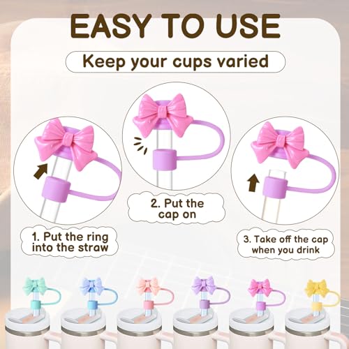 12 Pcs Cute Bow Straw Cover Caps - BPA-Free Silicone