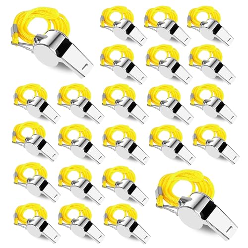 Stainless Steel Whistles with Lanyards - 24 Pack, Loud Sound