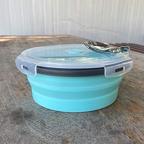 CCyanzi Blue 1200ml Collapsible Camping Bowl with Lid + Foldable Stainless Steel Fork & Spoon