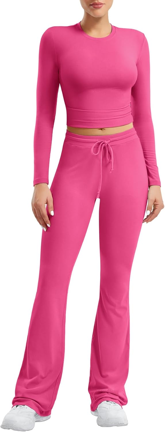YEOREO Women's Two-Piece Lounge Set - Long Sleeve Top & Drawstring Wide Leg Pants | Rose Red, Size S