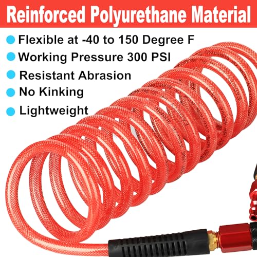 Heavy Duty Reinforced Polyurethane Recoil Air Hose 1/4 in x 10 ft, Lightweight, Flexible Compressor Hose with Universal Quick Coupler, Plug and Bend Restrictors, Red