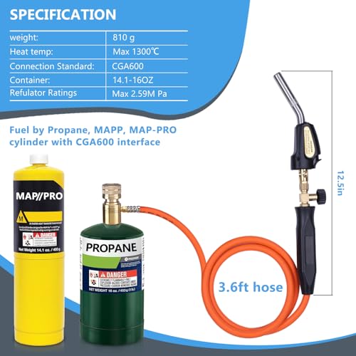 Propane Torch Hose Kit, Mapp Gas Torch Heat 3600¢µ Map Gas Torch Kit Trigger Start & Flame Adjustment, Soldering Welding Torch Fuel by MAPP, Map/Pro,Propane(Includes Cylinder Clip)