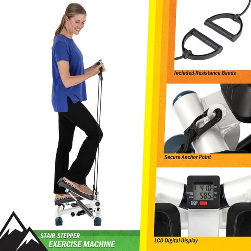 Portable Stair Stepper Exercise Machine with LCD Monitor and Resistance Bands – Compact Home Gym Stair Climber for Cardio, Strength, and Full-Body Workouts by Wakeman, White/Gray