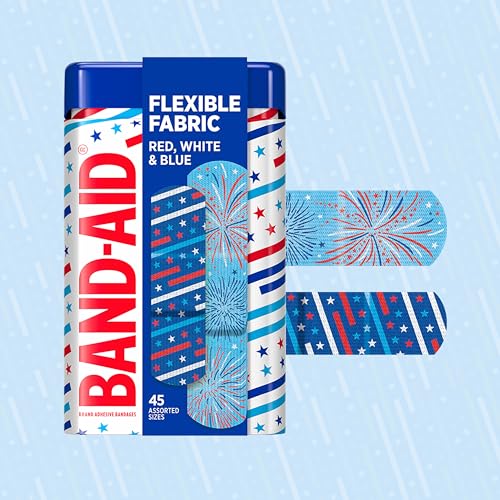 Flexible Fabric Adhesive Bandages - Patriotic Stars & Stripes, 45 Count